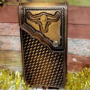 Longhorn Leather Phone Holstor With Belt Clip LARGE 7x4" Basketweave Design